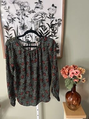 Loft Black Floral Geometric Print Long Sleeve Elastic Cuff Blouse Size Medium